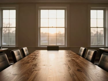 An elegant, empty corporate boardroom inside a private estate, warm morning light filtering through high windows, minimal oak table.
