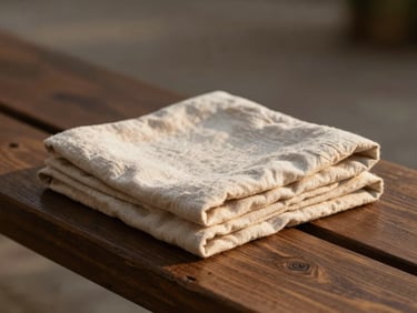 Close-up of premium folded linen on a dark wood bench, warm diffused morning light, architectural quietude.