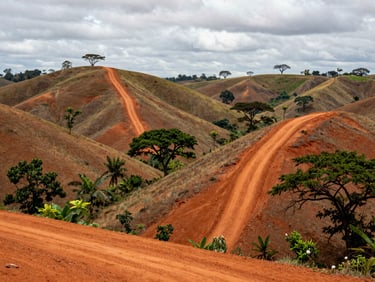 Rolling hills of La Pintada, Coclé, with native trees and rich orange clay paths under a soft overcast sky