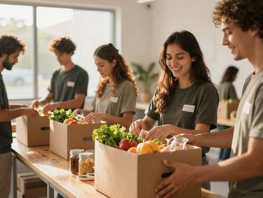 Volunteers packing fresh food boxes in a bright community center, warm smiles, natural lighting, 35mm