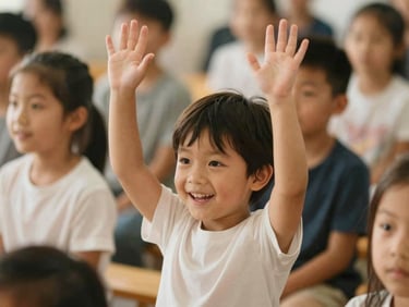 A young child smiling and raising hands during a warm, sunlit kids worship session, soft focus, 35mm