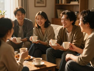 A small group of adults sitting in a warm, cozy living room sharing coffee and laughing together, golden-hour light, 35mm