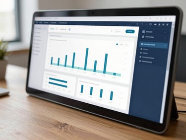 Close-up of a modern digital interface displaying analytics on a screen, soft daylight reflecting off the polished wooden desk.