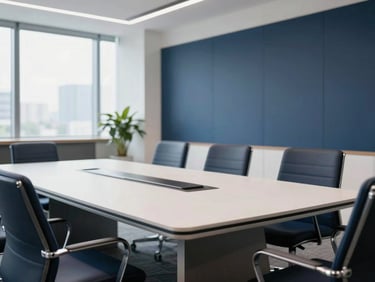 Medium-wide environmental shot of a modern Indian corporate boardroom, sharp daylight, deep navy accents, professional atmosphere.