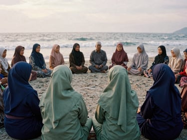 Acehnese community members gathering respectfully near the coast, warm natural light, authentic local atmosphere, 35mm.