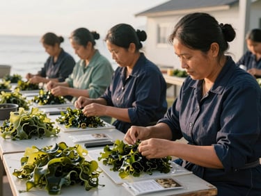 Local women in a coastal village workshop preparing organic seaweed products for packaging, warm community workshop setting.