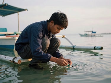 A young local researcher in Kuala Batee measuring water quality near a traditional fishing boat, natural overcast daylight, focus on scientific tools.