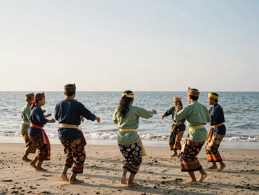 Acehnese cultural festival on the beach, traditional dancers in colorful costumes performing near the shore under bright coastal sun.