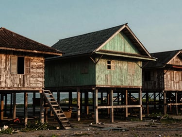 Traditional wooden stilt houses in an Acehnese coastal village, high-contrast atmospheric photography, golden-hour light, 35mm.