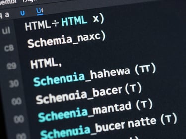 Close-up of clean semantic HTML and Schema markup code on a dark screen with electric cyan highlights