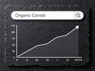 Stylized Google Search Console performance graph showing a steady upward trend in organic clicks, high-contrast cool slate interface