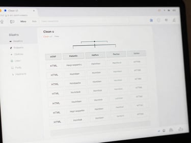 Clean UI wireframe showing structured site hierarchy and semantic HTML tags, technical slate and white lines