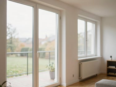 Heller, moderner deutscher Wohnraum mit großen Fenstern, die natürliches Licht hereinlassen, im Hintergrund ein Heizkörper, Fokus auf die ruhige Atmosphäre.