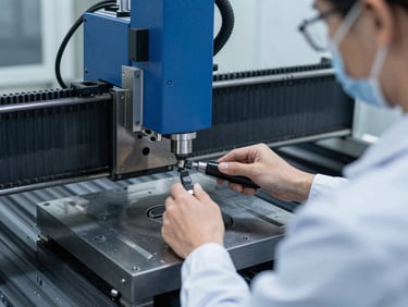 Medium close-up of a technical specialist calibrating an advanced CNC machine, steel blue and slate tones, crisp focus, high-contrast industrial photography