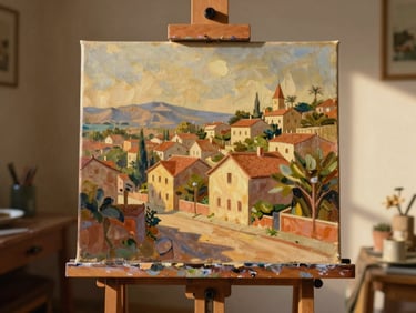 An oil painting on canvas showing a dreamlike neighborhood landscape with warm colors, drying on a wooden easel in a sunlit room.