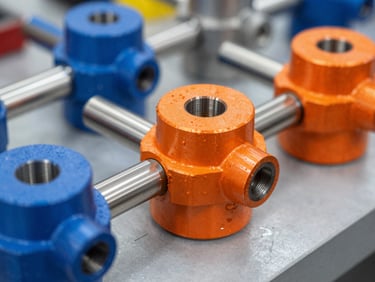 Crisp workshop lighting showing close-up of machined steel parts with vibrant safety orange highlights, sharp physical details, 50mm lens