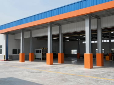 Crisp daylight shot of a modern industrial workshop exterior, clean concrete, safety orange accents on steel columns, wide panoramic view