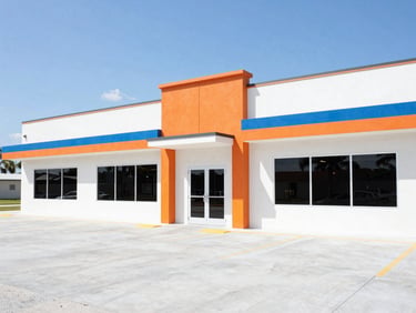 Bright high-contrast daylight commercial photography of a modern, clean Florida commercial property exterior, sharp details, 50mm lens