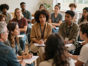 Warm editorial photograph of a diverse group of community members participating in a leadership training session, actively discussing, natural daylight, rich earthy tones, shallow depth of field, 35mm lens, focus on collaborative discussion.