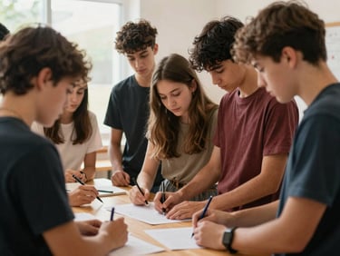 Warm editorial photograph of a group of teenagers collaborating on a project in a bright community space, natural daylight, rich earthy tones, shallow depth of field, 35mm lens, focus on teamwork and creativity.