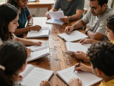 Warm editorial photograph of a group of adults and children engaged in a financial literacy workshop, looking at workbooks, natural daylight, rich earthy tones, shallow depth of field, 35mm lens, focus on active learning.