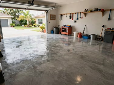Wide shot of a polished epoxy garage floor reflecting natural light from an open garage door, tools organized along one wall, Florida residential setting