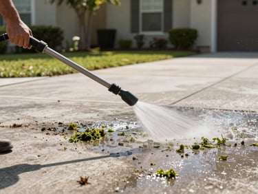 Pressure washer spray hitting a concrete driveway under hard Florida midday sun, dirt and algae visibly lifting, residential landscaping in background