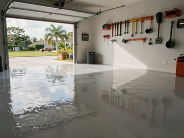 Smooth high-gloss epoxy garage floor reflecting natural light through an open garage door, tools neatly organized along the wall, Florida landscape visible outside