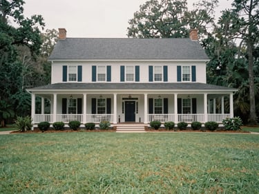 A classic southern home with a neat green lawn in South Carolina, soft natural overcast daylight, straight-on architectural shot, 35mm