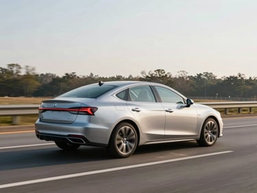 A modern silver sedan driving on a clean highway in South Carolina, soft morning daylight, premium editorial photography