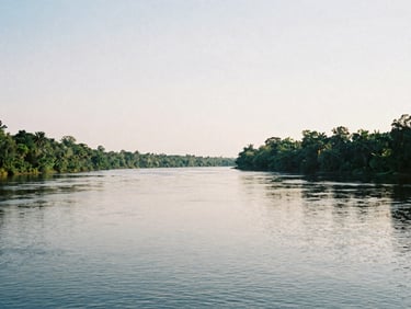 Wide panoramic shot of the Savannah River in Augusta at quiet daylight, calm water reflecting soft overcast sky, green riverbanks, editorial 35mm photography, soft natural lighting.