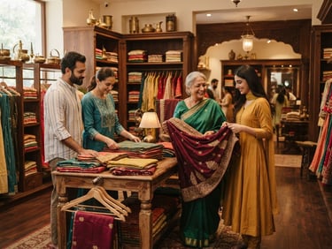 A warm, medium environmental shot of a multi-generational Indian family browsing garments together in a beautifully lit, premium clothing store with rich wooden fixtures, soft natural indoor lighting.