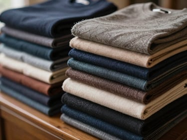 Warm editorial 35mm close-up of neatly folded stacks of premium menswear textiles, rich classic tones, soft natural indoor light.