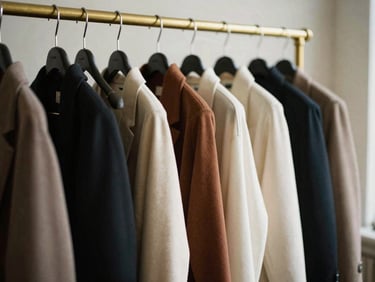 Warm editorial 35mm shot of elegant womenswear hanging on a brass rack, shallow depth of field, soft natural indoor light.