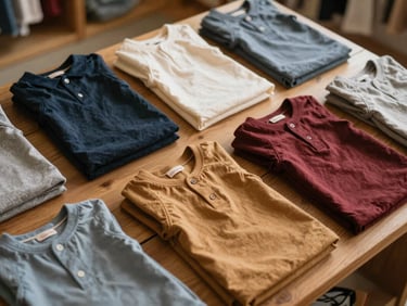 Warm editorial 35mm photograph of high-quality children's clothing neatly arranged on a wooden display, rich classic tones.