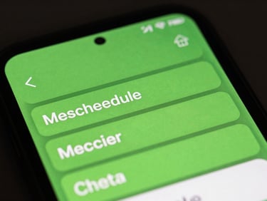 Close-up macro render of an Android smartphone screen displaying a simplified medication schedule app with massive green buttons and clear high-contrast text, dark background, sharp screen glow