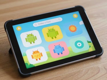 High-fidelity Android mockup of a children's learning application on a tablet, featuring oversized touch targets and high-contrast playful UI components under colorful ambient screen glow.