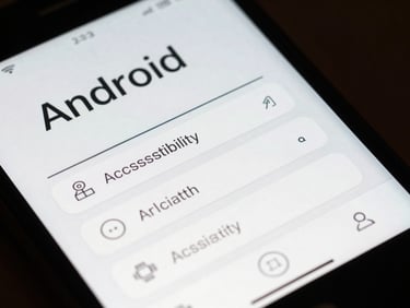 Close-up of a senior-focused Android interface, showcasing high-contrast typography, simplified linear navigation, and prominent accessibility features.