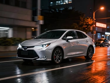 Sleek silver Toyota Corolla moving fast on a wet urban street at night, blurred city lights, vibrant orange neon light reflections, high contrast, cinematic photography