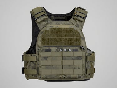 Crisp product photography of a high-performance modular tactical vest on a clean neutral gray studio background, sharp focus, technical stitching visible