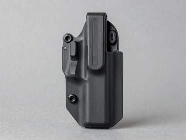 Clean product portrait of a tactical polymer holster, sharp details on the locking mechanism, neutral gray background