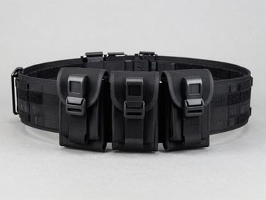 Crisp studio shot of a heavy-duty tactical utility belt with modular pouches, high-contrast details on buckles