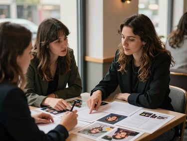 Medium shot of two women seated at a café table covered in printed social media post mockups and a spreadsheet printout, one pointing at a line item, afternoon natural light from a large window, candid conversation mid-gesture — real working session, not arranged
