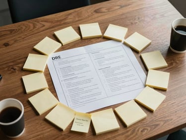 Close-up overhead flat-lay of a strategy planning table: sticky notes arranged into a content arc, a physical DRE printout with handwritten margin notes, two coffee cups at the edges, warm ambient office light — mid-planning, organic arrangement