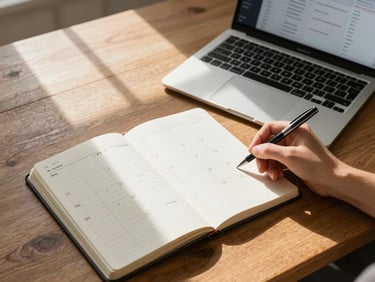 Environmental wide shot from above a wooden desk: open notebook with handwritten content calendar, a laptop showing an Instagram analytics dashboard, warm window light raking across the surface, a woman's hand annotating a date column with a pen — mid-session, nothing staged