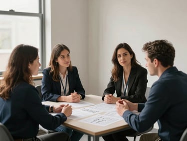 Wide environmental shot of a small office meeting corner, two women and one man seated around a low table with printed strategy sheets spread out, warm window light from the left, genuine discussion in progress, no posed smiles