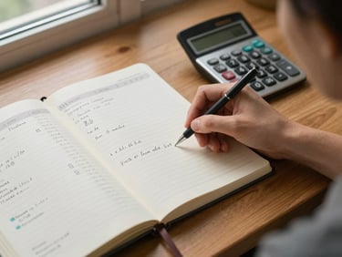 Close-up overhead flat-lay of an open financial planning notebook with handwritten figures and a calculator beside it on a warm wood desk, natural daylight from a nearby window, a woman's hand resting on the page mid-annotation, no faces visible
