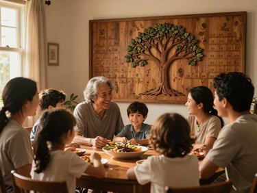 Família (pais e filhos) reunida em volta de uma mesa, observando um painel de madeira com uma árvore genealógica entalhada, sorrisos autênticos, luz natural, ambiente de sala de estar.