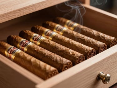 Close-up of Spanish cedar humidor drawers stacked with perfectly aligned cigars, soft warm light catching the gold foil on the bands, subtle smoke in the background