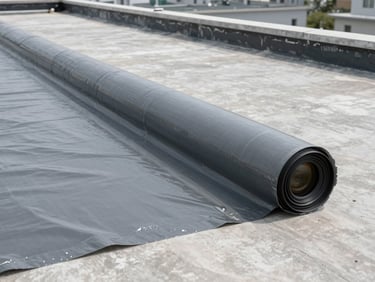 Professional application of gray waterproofing membrane on a wide concrete roof, clean lines, bright daylight, realistic setting